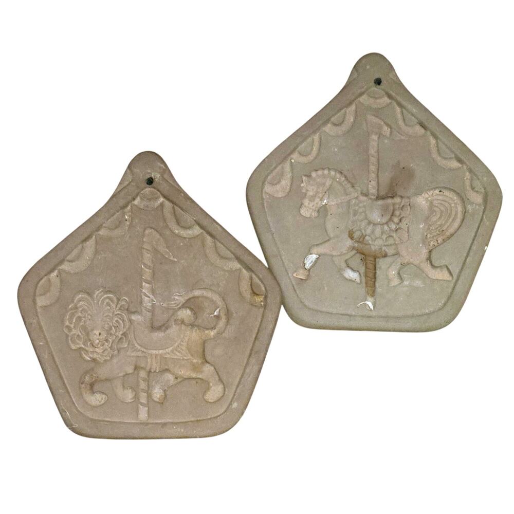Vintage Hartstone Carousel 1-Horse & 1-Lion Cookie Mold Brown Stoneware
